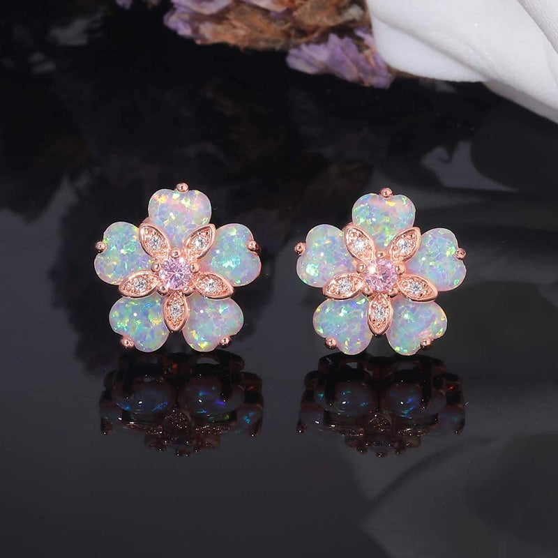 CiNily 14K Rose Gold Plated Flower Stud Earrings Womens Pink Opal Earrings Hypoallergenic Big Gemstone Stud Earrings 15 mm - Image 5